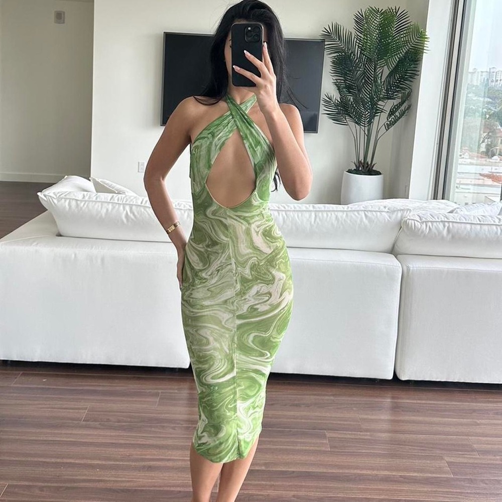 Naked wardrobe green and white fitted midi dress with stretch in size XS